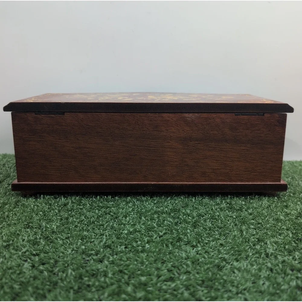 Vintage Linden Wood Floral Inlaid Music Box / Jewelry Box - Musical Theme